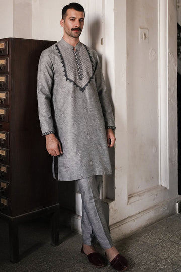 CHARCOAL GREY COTTON SLUB KURTA TROUSER